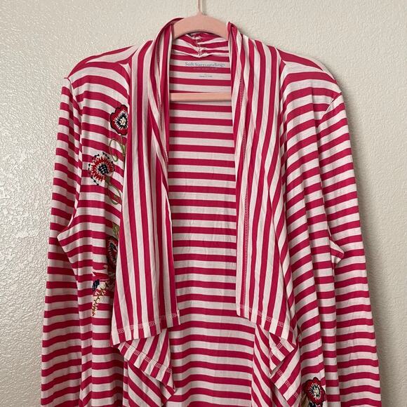 Soft Surroundings Cardigan‎ Womens Large Pink White Striped Floral Embroidered - Picture 4 of 11